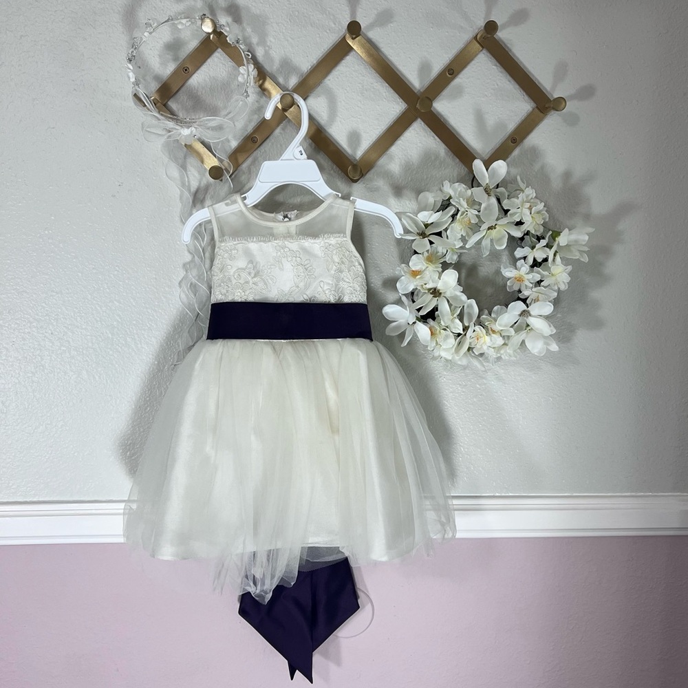 David’s Bridal Flower Girl Lace Tulle Satin Dress - Bow Sash in Plum & Tiara